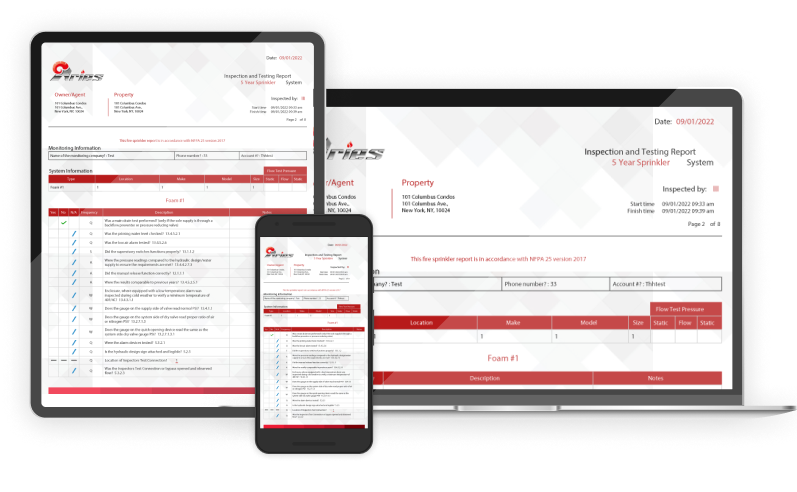 Aries inspection reports displayed on a desktop monitor, tablet, and phone