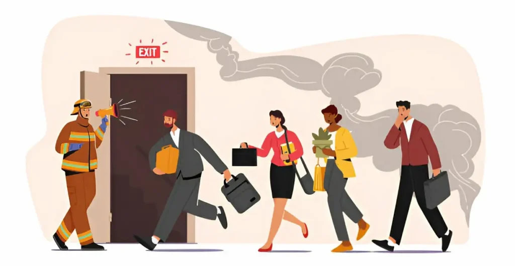 Illustration of workers following a firefighter toward an emergency exit