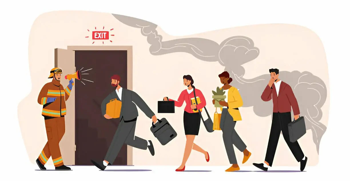 Illustration of workers following a firefighter toward an emergency exit