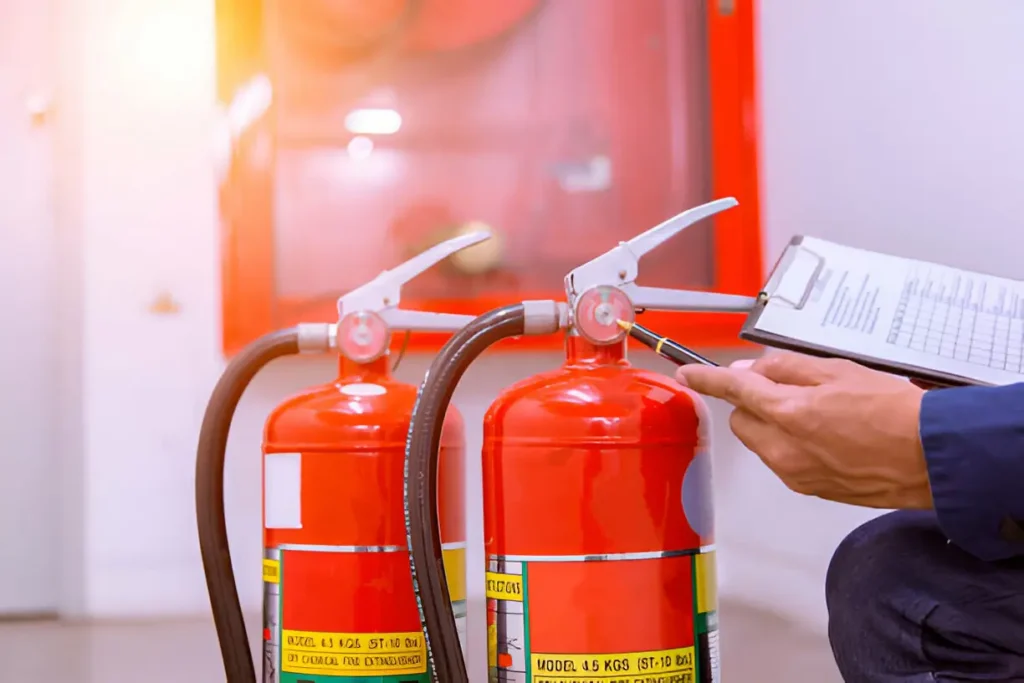 Inspector recording checks beside three fire extinguishers